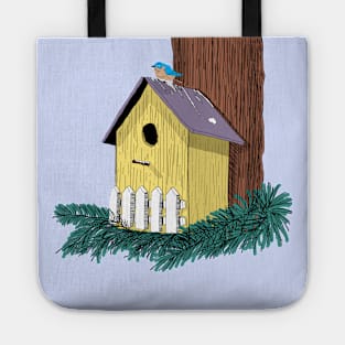 Funny Bluebird on Birdhouse Tote