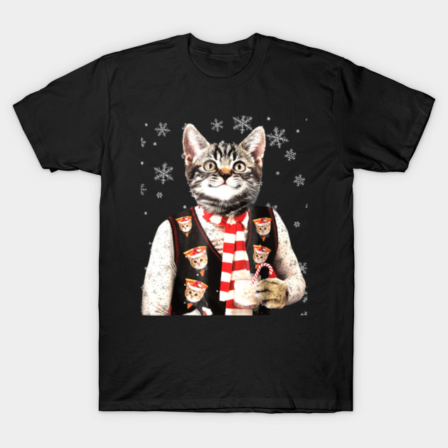 Hipster Cat Wearing Pizza Cat Sweater Funny Christmas Tee