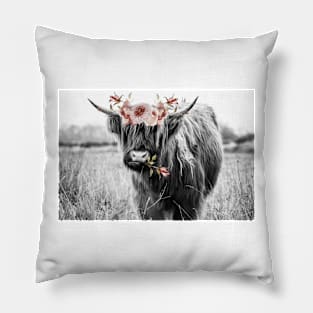 Highland Cow Landscape with Flowers Pillow