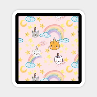 Unicorn Cats Pattern With Rainbows, Stars, Crescent moons and Clouds Graphic illustrations Magnet