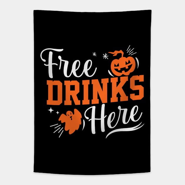 Free Drinks Here Halloween Party Costume Tapestry by koolteas