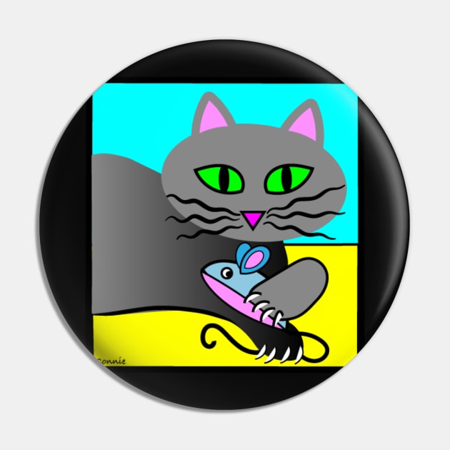 Grey Cat with Catnip Mouse Pin by Designs by Connie