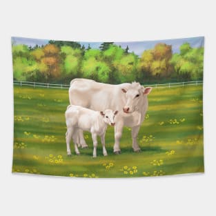 Charolais Cow and Cute Calf in Summer Pasture Tapestry