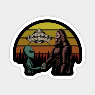 bigfoot with alien illustration Magnet