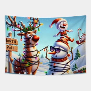 Rudolph, an Elf and a Snowman at the North Pole Tapestry