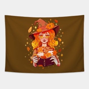 Fall Autumn Magic Witch with Fox and Falling Leaves Tapestry