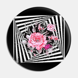 Pink Flowers ,Silver Leaves in Black and White Illusion Pin