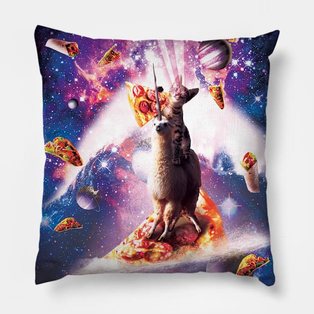 Laser Eyes Space Cat Riding On Surfing Llama Unicorn Pillow by Random Galaxy