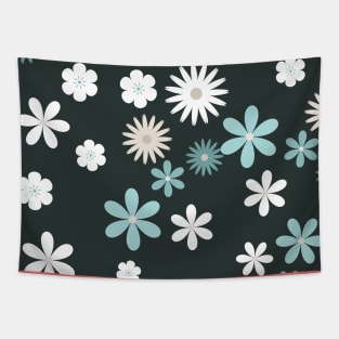 Blue and White Color Flowers Pattern Designs with Black Color Background Tapestry