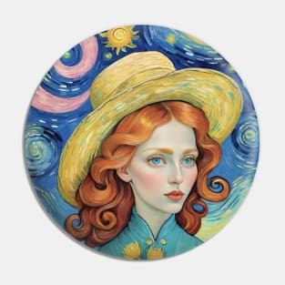 Ethereal Reverie: Van Gogh's Starry Night and Sunflowers-Inspired Woman Pin