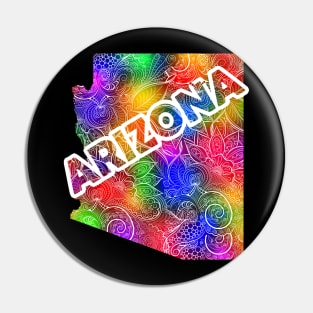 Colorful mandala art map of Arizona with text in multicolor pattern Pin