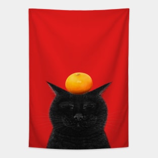 Black cat with tangerine Tapestry