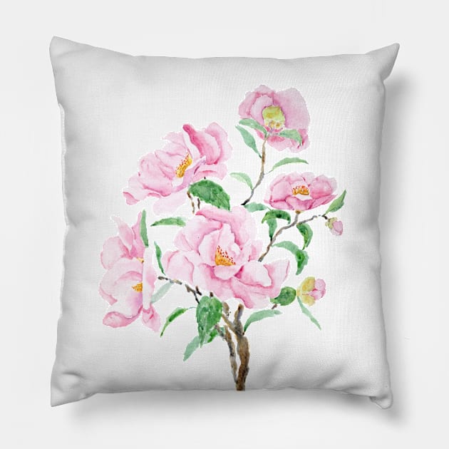 pink camellia  flowers  watercolor painting Pillow by colorandcolor