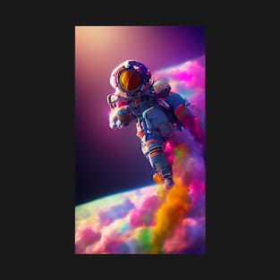 An astronaut swims and flies amid clouds in space with colorful clouds T-Shirt