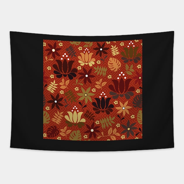 orange and yellow flowers on rust red Tapestry by colorofmagic