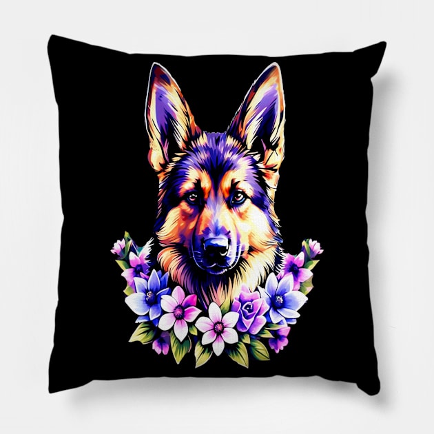 German Sheperd Dog Surrounded by Beautiful Spring Flowers Pillow by BirdsnStuff