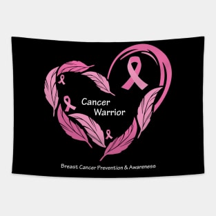 Breast cancer warrior with feathers, ribbons & white type Tapestry