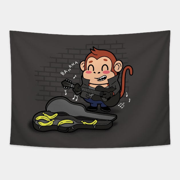 Funny Cute Musician Playing Guitar Busking Cartoon Tapestry by BoggsNicolas