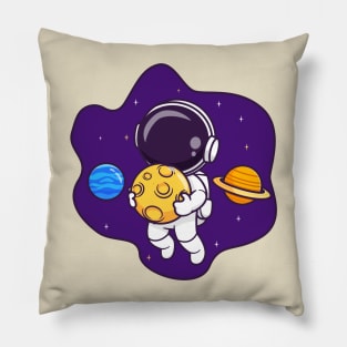 Cute Astronaut Floating In Space With Planet And Holding  Moon Cartoon Pillow