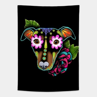 Min Pin with Floppy Ears - Day of the Dead Sugar Skull Dog Tapestry