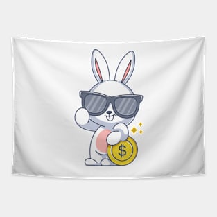 Cute bunny wearing glasses and leaning on a coin Tapestry