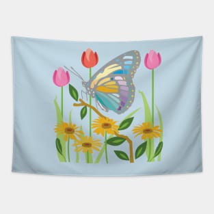 Butterfly in a Field of Tulips and Daisies Tapestry