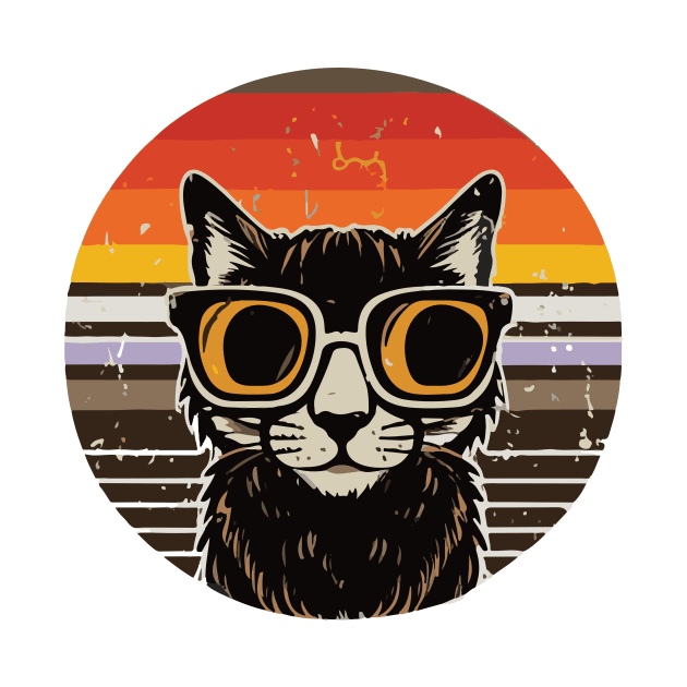 vintage brown a black cat in glasses, retro sunset by Diwa