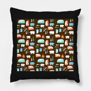 Camper Let's Go Camping Retro RV Life Pattern / Mocha Brown Pillow