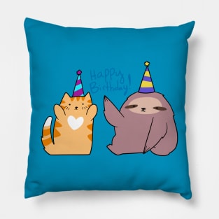 Happy Birthday! Sloth and Orange Tabby Cat Pillow