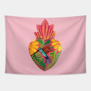 Mexican folk art sacred heart Oaxacan wood carving hand painted flower hummingbird milagrito bold pink decoration Tapestry