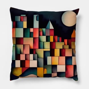 A cityscape and full moon in Kleeland Pillow