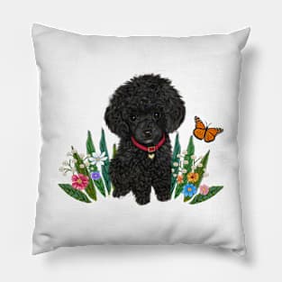 Black Fluffy Poodle Sitting on Grass with Flowers Pillow