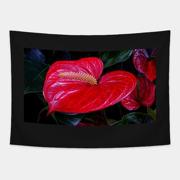 closeup macro photography of single vivid red waxy and shiny lily with long pollen laden golden center Tapestry by mister-john