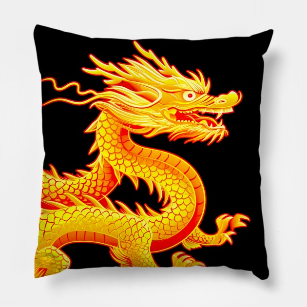 Chinese Golden Dragon on a Lucky Red Background 2: Chinese New Year, Year of the Dragon on a dark (Knocked Out) background Pillow by Puff Sumo