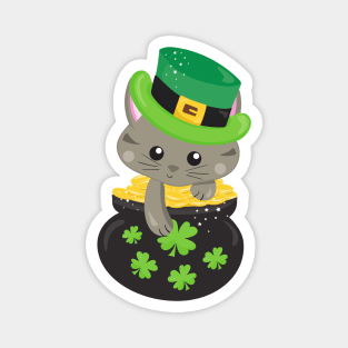 Saint Patrick's Day Cat, Clovers, Pot Of Gold Magnet