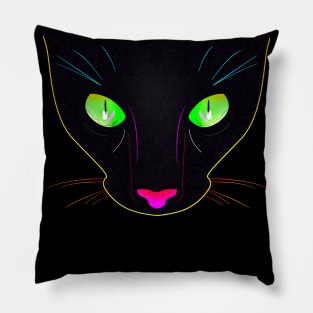 Black Cat with Green Fluorescent Eyes - Illustration Pillow