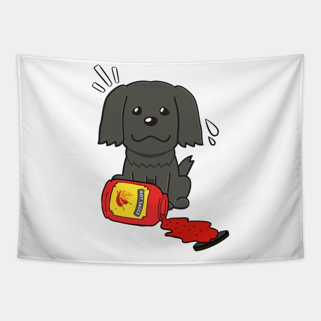 Funny Black Dog Spilled Hot Sauce Tapestry by Pet Station