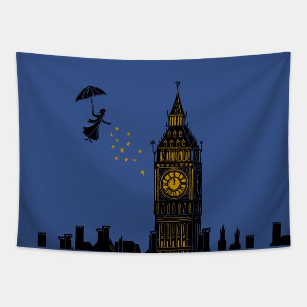 Mary Poppins and Big Ben Linocut Silhouette Print in black, blue and gold Tapestry by Maddybennettart