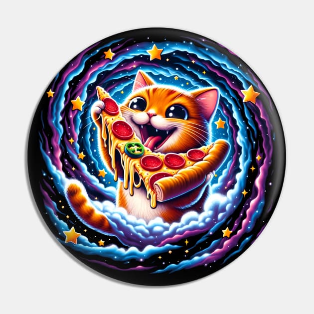 Funny Orange Cat eating Pizza in Space Pin by dukito