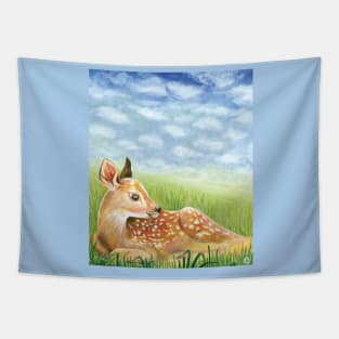 Baby Deer Fawn in Green Grass Illustration Tapestry