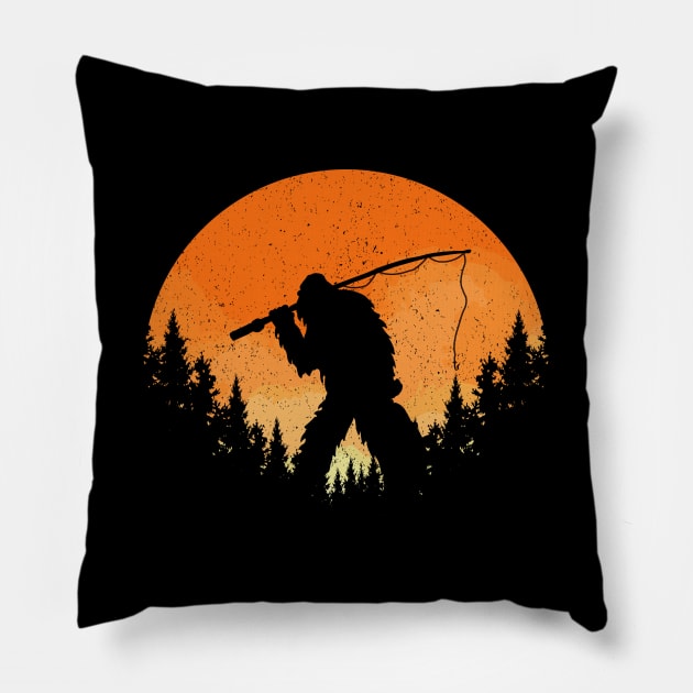 Sasquatch Fishing Sunset Pillow by Tesszero