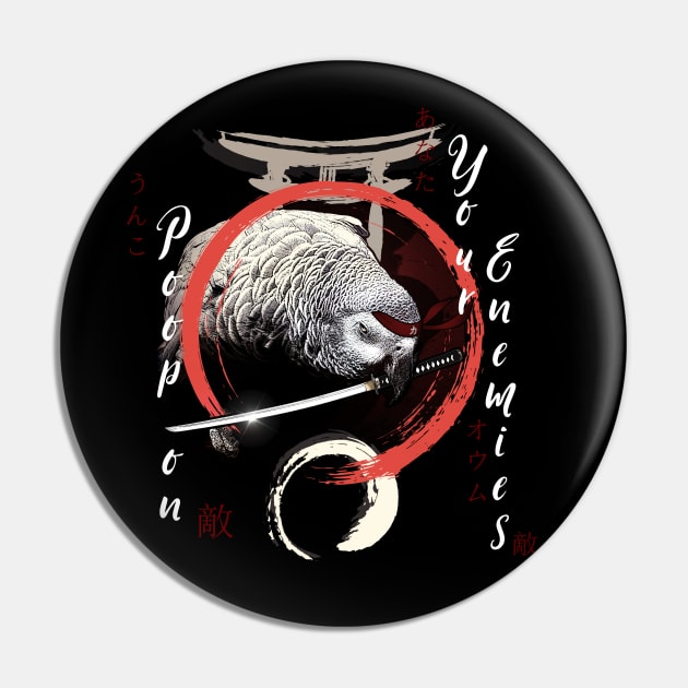 Katana Samurai Ninja Grey Parrot Warrior Funny Pin by BirdNerd