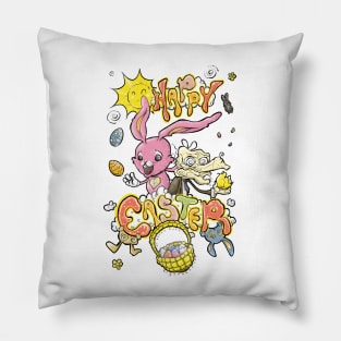 HAPPY EASTER with Cartoony Old Man Joe & the CUTEST Easter Bunny EVER Hand Drawn One of a Kind Art 2 Pillow