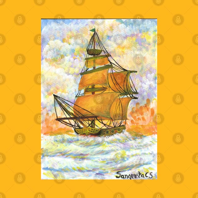 ship sailing in the sense colorful warm colors seascape acrylic painting by Sangeetacs