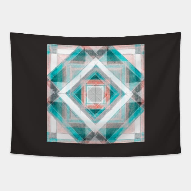 Hand Made Edited Pencil Geometry in Light Turquise on Asphalt Tapestry by Ocztos Design