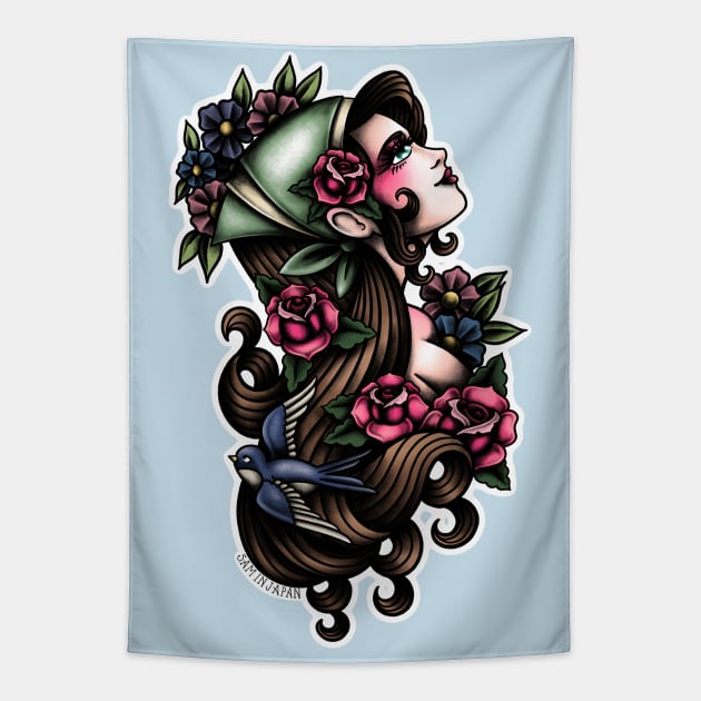 Flower Girl Aerith from Final Fantasy Tactics (FFT & FF7) in American Traditional Tattoo Portrait Style Tapestry by SamInJapan