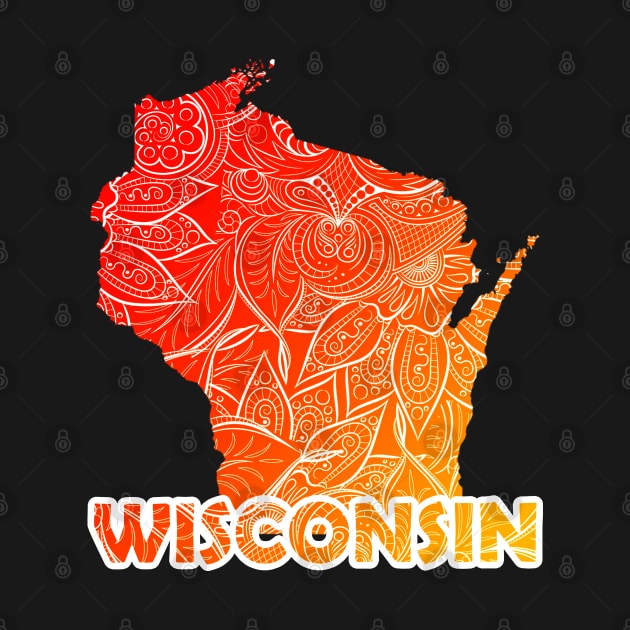Colorful mandala art map of Wisconsin with text in red and orange by Happy Citizen