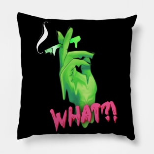 dripping neon green alien hand holding a cigarette Pillow