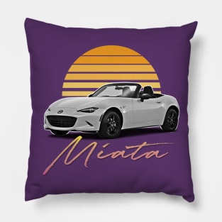 Mazda Miata (White) / Retro Style Sunset Design Pillow