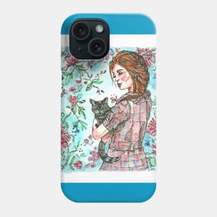 Vintage girl with black cat Phone Case